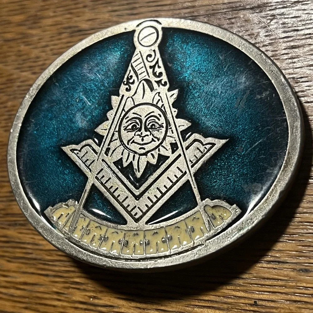 Vintage Rare Past Master Freemason Belt Buckle Sun Green/Teal Colored #2661